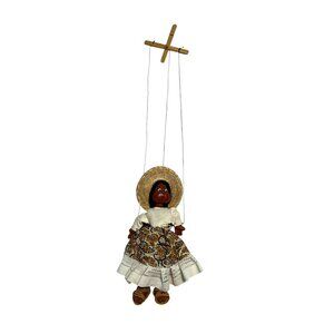 Vintage Handmade Marionette Puppet Girl Straw Hat Folk Art Hanging Doll 9–10”